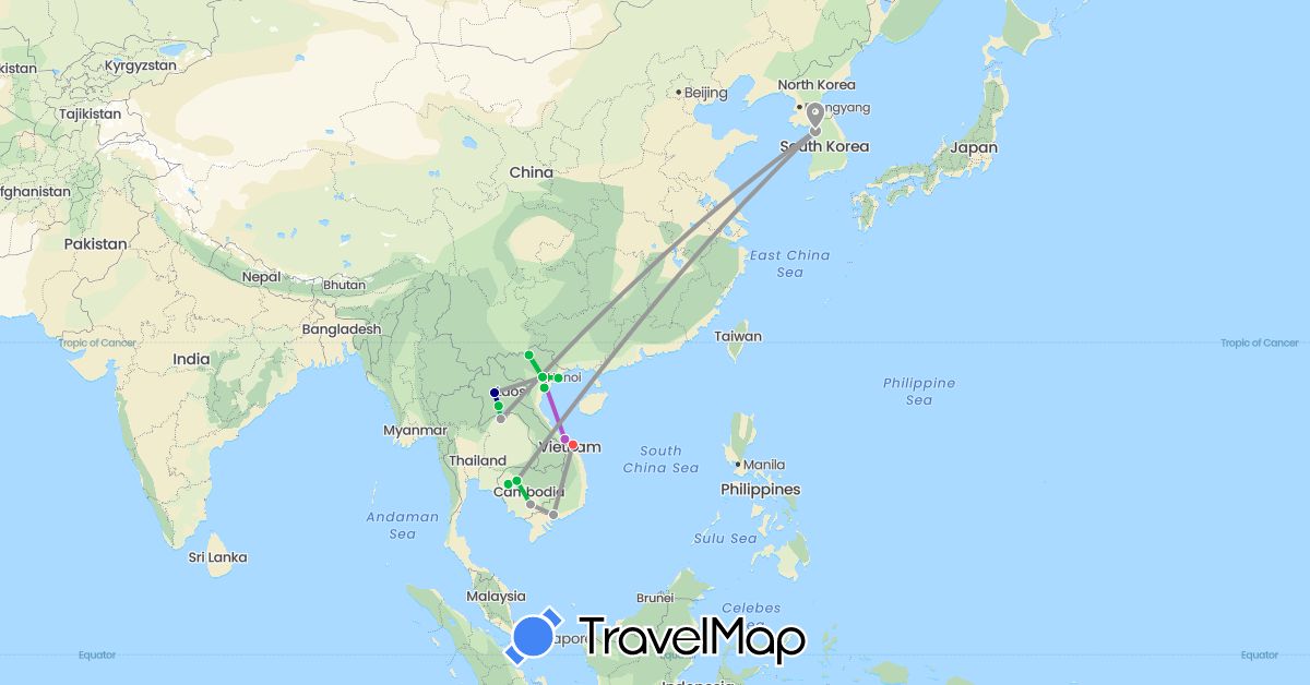 TravelMap itinerary: driving, bus, plane, train, hiking, motorbike in Cambodia, South Korea, Laos, Vietnam (Asia)